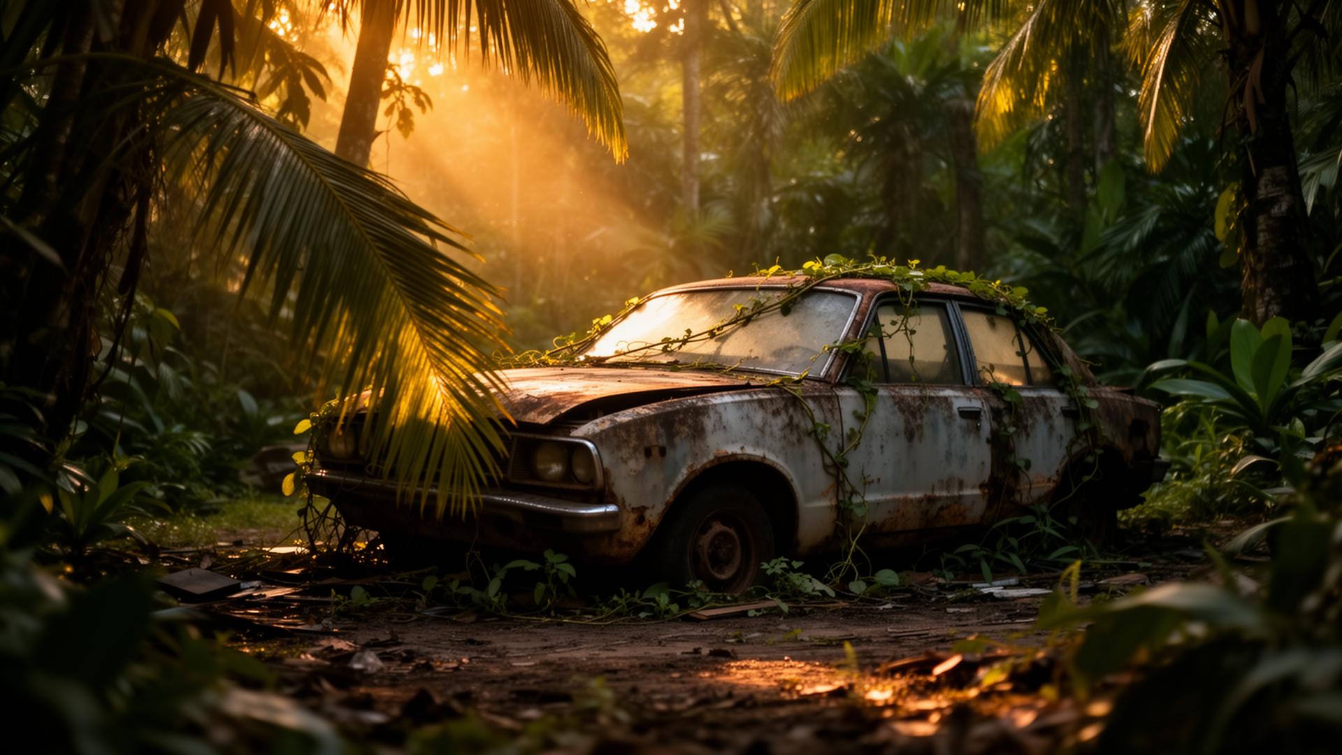 Junk car overgrown in tropical jungle